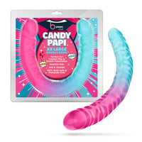 B Yours Candy Papi XXL Double Dong by Blush in pink and blue swirl silicone with flexible dual-ended design, shown alongside colorful retail packaging.