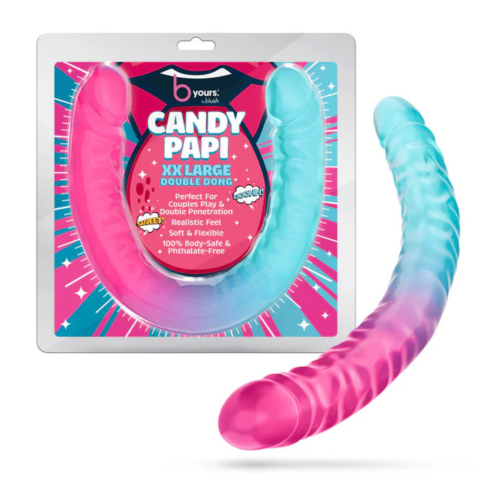 B Yours Candy Papi XXL Double Dong by Blush in pink and blue swirl silicone with flexible dual-ended design, shown alongside colorful retail packaging.