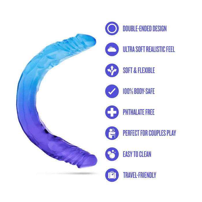 B Yours Sugar Stud Large Double Dong by Blush with feature icons highlighting double-ended design, ultra-soft realistic feel, flexible body-safe material, couples play compatibility, and easy-to-clean construction.