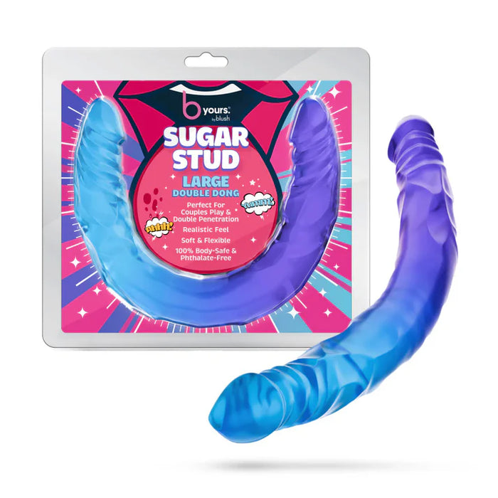B Yours Sugar Stud Large Double Dong by Blush in blue and purple swirl silicone with flexible dual-ended design, shown alongside colorful retail packaging.