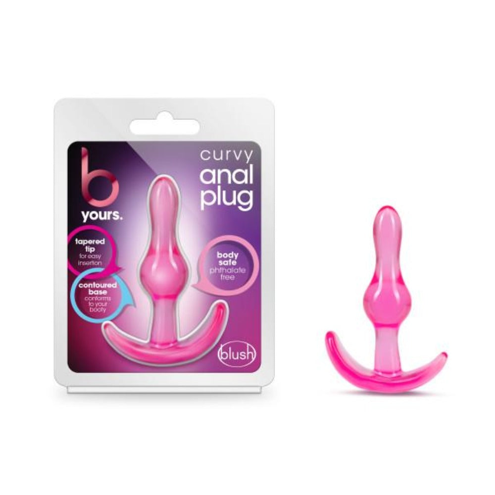 Pink curvy anal plug with packaging on a white background