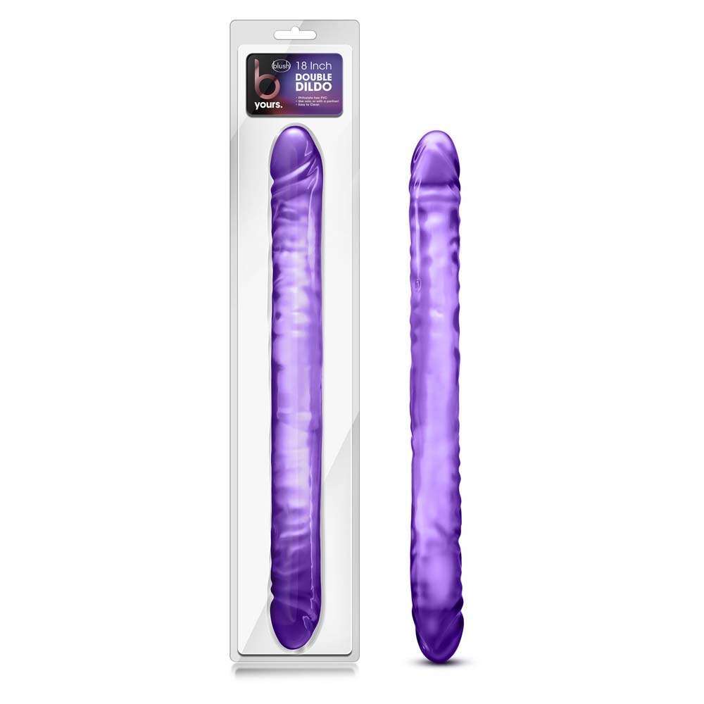 purple double ended dildo beside packaging