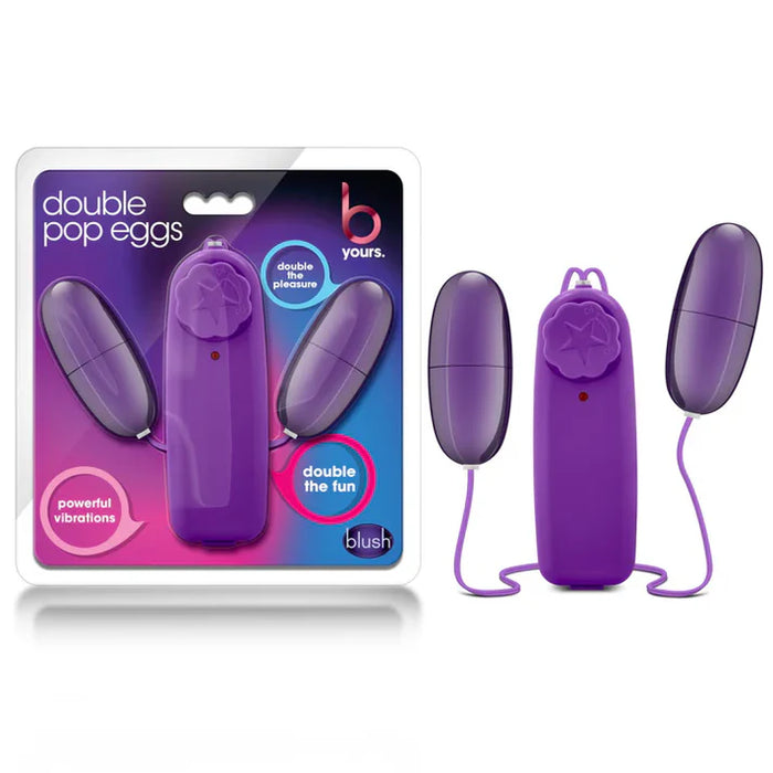 2 vibrating eggs with attached remote control in purple