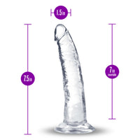 Clear silicone dildo with measurements on a white background