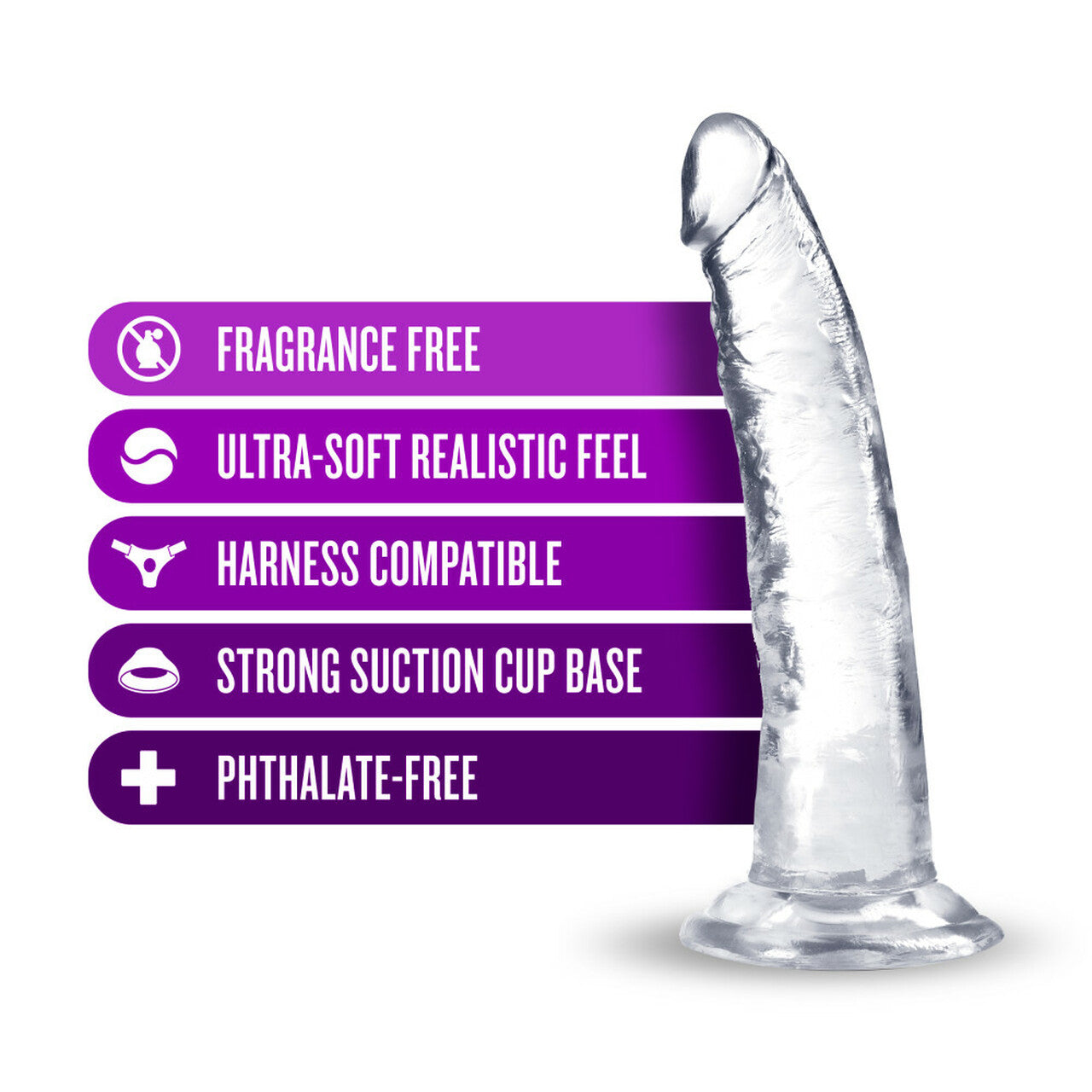 Clear silicone dildo with purple feature list on a white background
