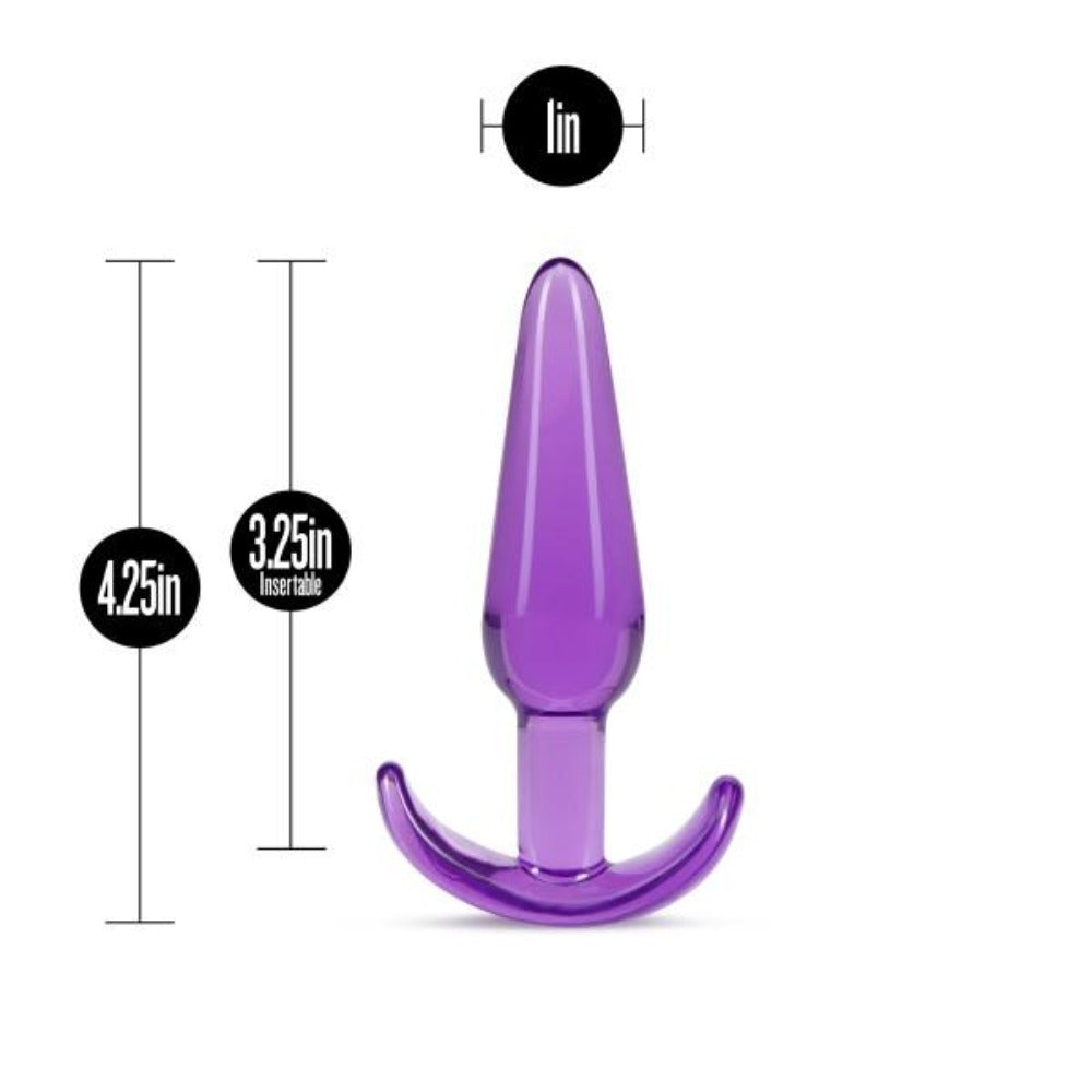 Purple prostate massager with measurements on a white background