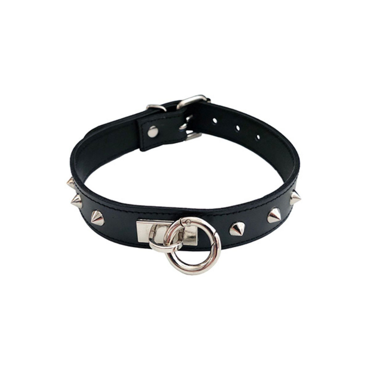 Rouge Leather Thin O-Ring Studded Collar with Detachable O-Ring