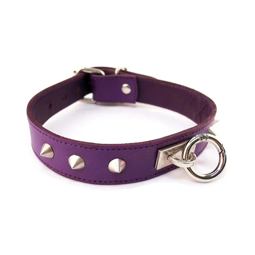 Rouge Leather Thin O-Ring Studded Collar with Detachable O-Ring