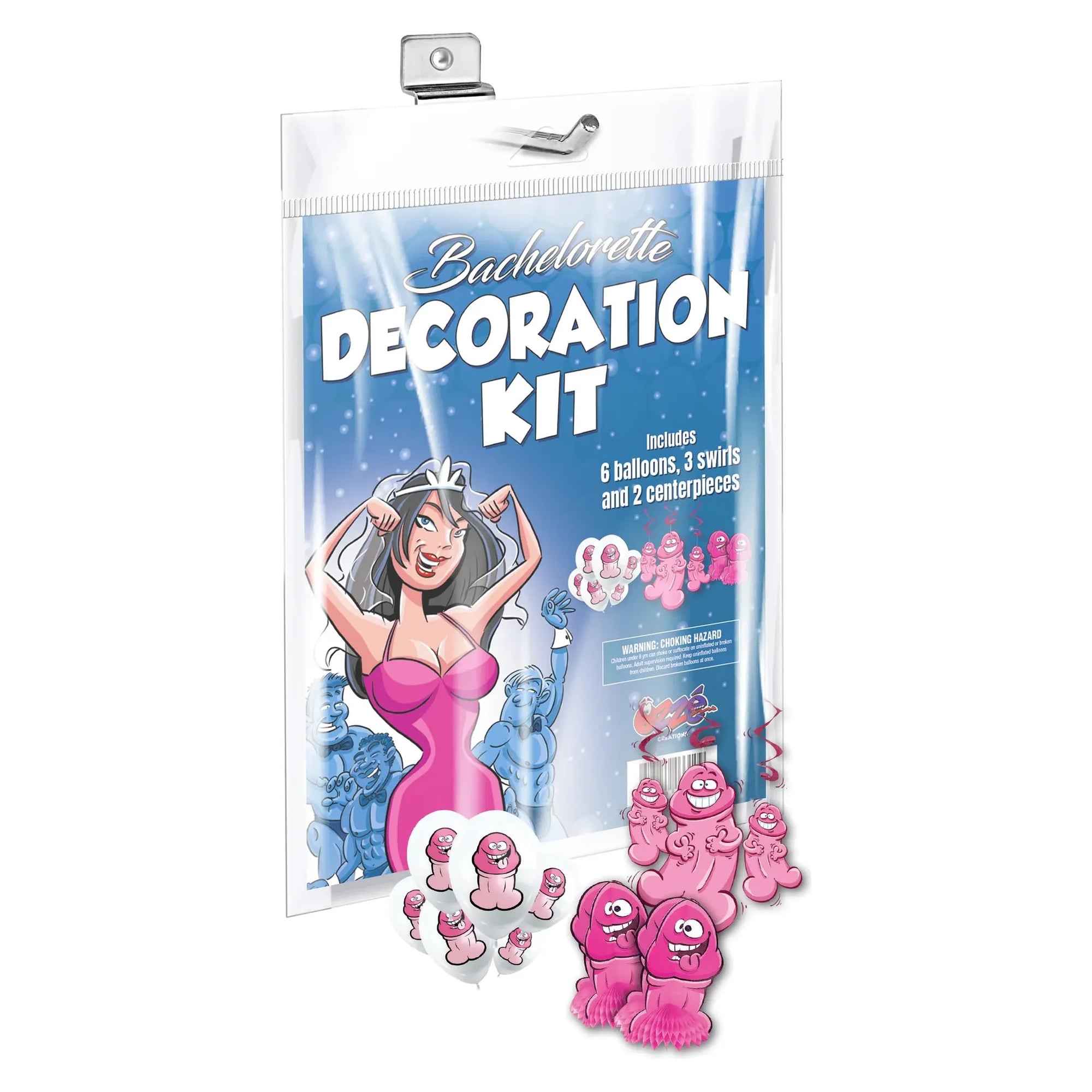 This image displays the "Bachelorette Decoration Kit" by Ozze Creations, which includes various decorations designed to add a humorous touch to bachelorette parties. The kit prominently features six balloons shaped like male genitalia, three pecker-shaped swirl decorations, and two centerpieces with similar motifs, all depicted in a playful and cartoonish style.