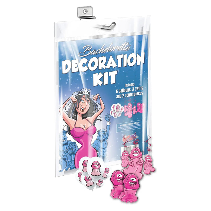 This image displays the "Bachelorette Decoration Kit" by Ozze Creations, which includes various decorations designed to add a humorous touch to bachelorette parties. The kit prominently features six balloons shaped like male genitalia, three pecker-shaped swirl decorations, and two centerpieces with similar motifs, all depicted in a playful and cartoonish style.