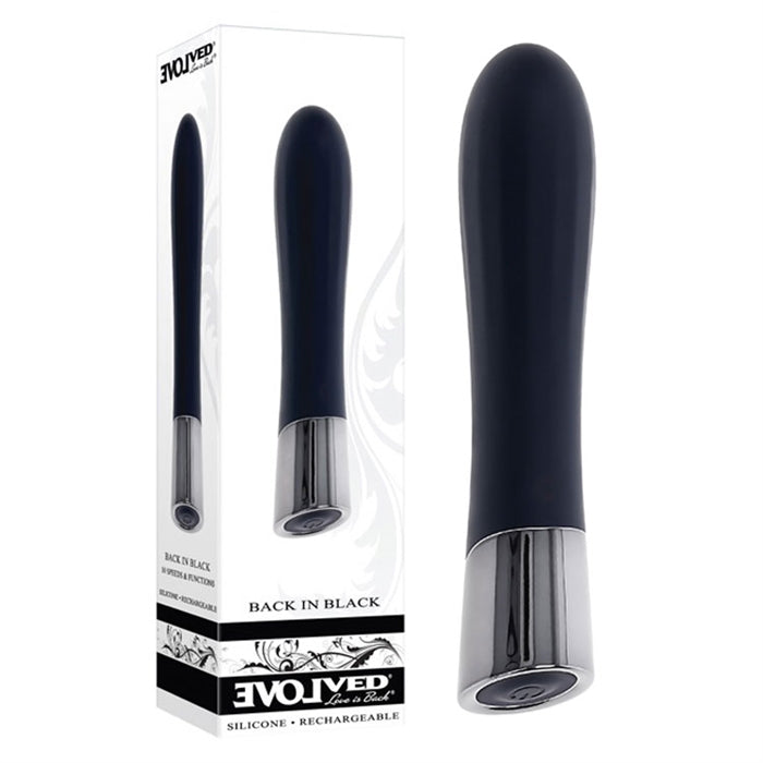 black sleek vibrating bullet, with silver handle standing beside display box