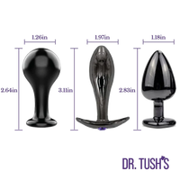Dr. Tush’s Bad Decisions Collection metal anal plug size guide showing three plug shapes with height and width measurements.