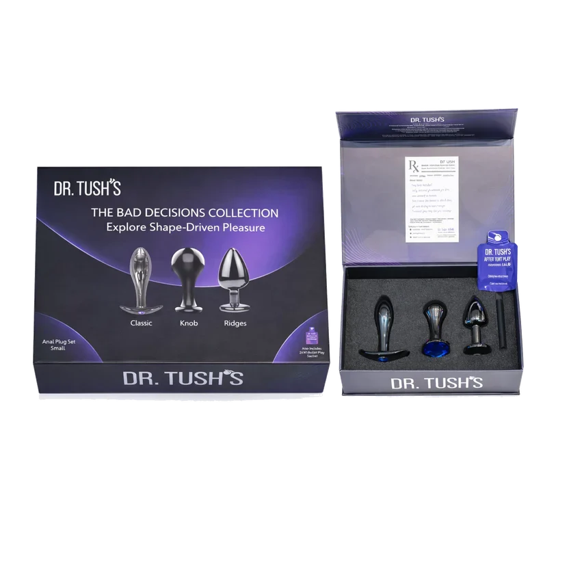 Dr. Tush’s Bad Decisions Collection featuring three metal anal plugs in Classic, Knob and Ridges shapes, presented in premium display packaging.