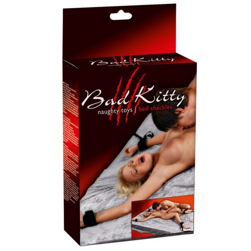 'Bad Kitty' naughty bed shackles with a couple on a white background