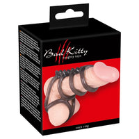 black 3 ring cock ring, with ball testicle harness. with black and red box packaging