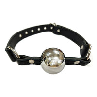 Black leather ball gag with a silver ball on a white background