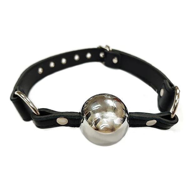 Black leather ball gag with a silver ball on a white background