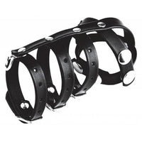 black scrotum strap with 3 ring cage and silver snaps