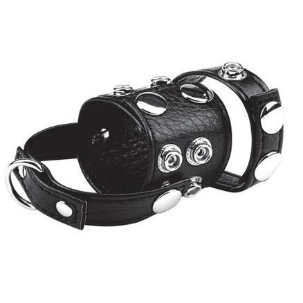 black leather cock ring with attached ball stretcher and optical weight ring