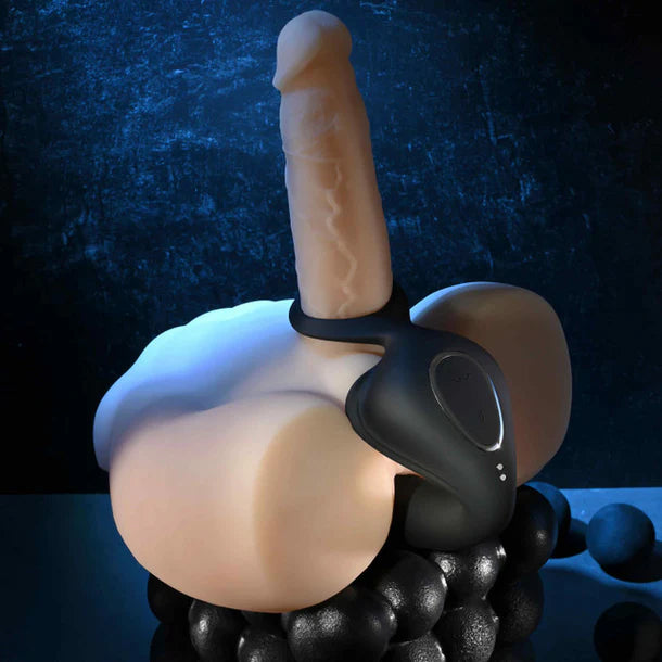 dildo torso with vibrating black cock ring with anal plug