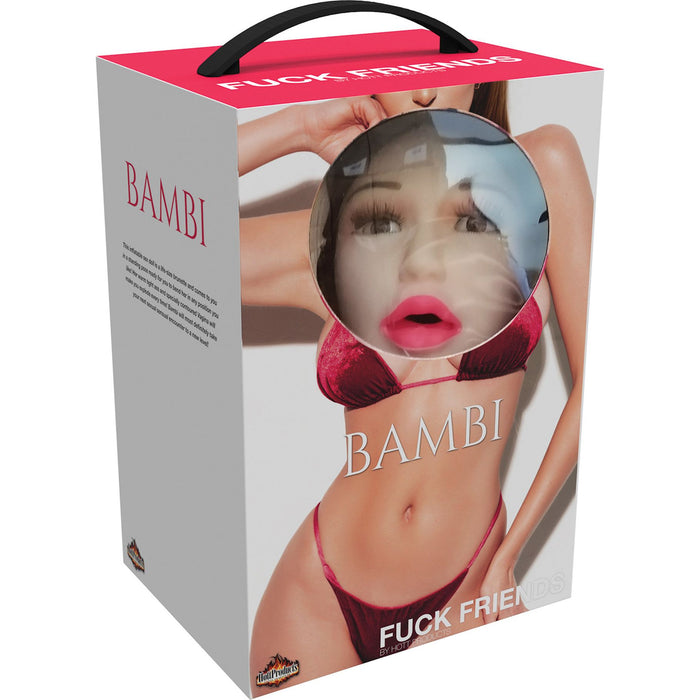 Product packaging for bambi inflatable female sex doll with a woman wearing lingerie and text on a white background