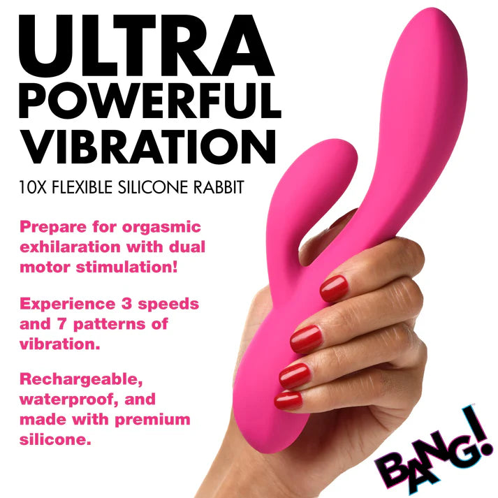 Pink silicone rabbit-shaped toy held by a hand with red nails, against a white background with promotional text.
