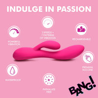 Pink silicone massager with features listed on a pink background