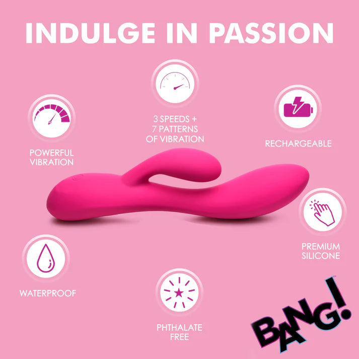Pink silicone massager with features listed on a pink background