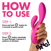 Pink electronic vibrator with user instructions on a white background