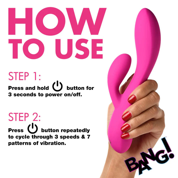 Pink electronic vibrator with user instructions on a white background