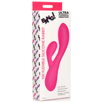 Pink silicone rabbit-shaped toy packaging with 'BANG!' branding on a white background