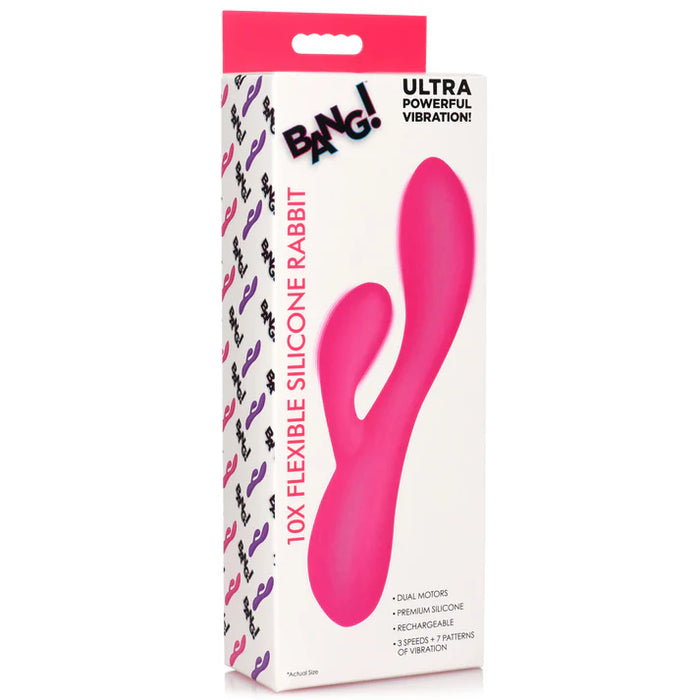 Pink silicone rabbit-shaped toy packaging with 'BANG!' branding on a white background