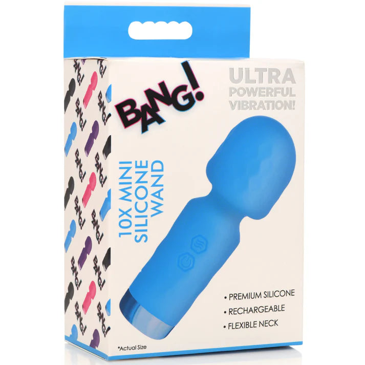 Box of a blue mini silicone wand with 'Bang!' branding on a white background