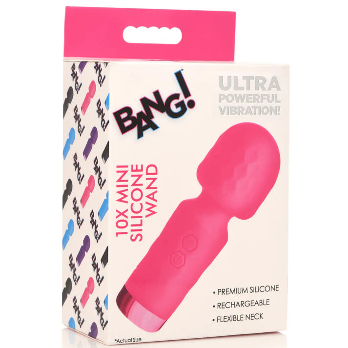 Box of a pink mini silicone wand with 'BANG!' branding on a white background