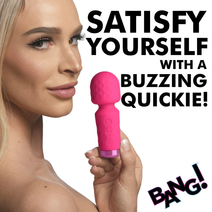 Woman holding a pink electronic device with text promoting self-satisfaction.