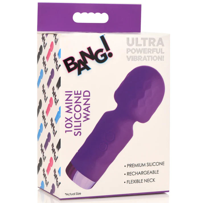 Box of a purple mini silicone wand with 'Bang!' branding on a white background