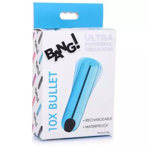 bang box with picture of blue metallic rechargeable bullet