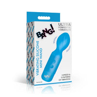 Blue vibrating silicone mini wand with packaging on a white background