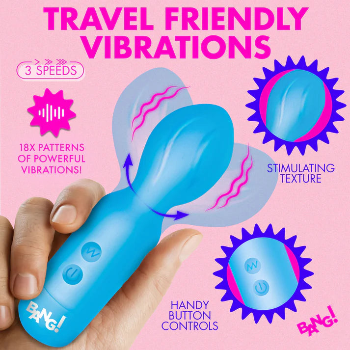 Blue handheld vibrator with text on a pink background