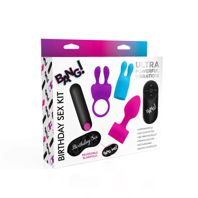 kit includes anal plug, cock ring, bullet, tickler, remote and blindfold