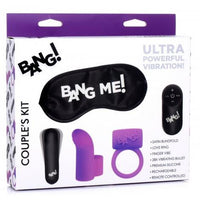 bang box containing black wireless remote control bullet purple cock ring and finger sleeve and black bang me blindfold
