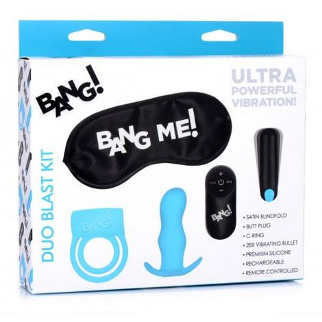 bang box containing black rechargeable remote control bullet with blue double cock ring and anal sleeve with bang me black blindfold