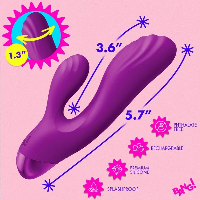 Purple silicone personal massager with dimension markings of 3.6 inches and 5.