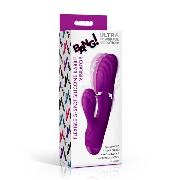 The retail packaging box for the BANG! Ultra Powerful Rabbit Vibrator in purple, featuring a clear window displaying the product and bold product details on a white and purple background.