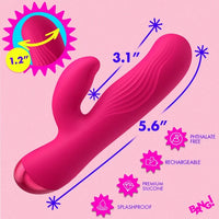 A bright pink curved silicone personal massager shown on a light pink background with measurement arrows, feature icons, and promotional text including '3.1"', '5.