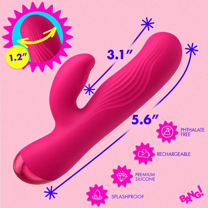 A bright pink curved silicone personal massager shown on a light pink background with measurement arrows, feature icons, and promotional text including '3.1"', '5.