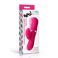 The retail packaging box for the BANG! Ultra Powerful Vibrating Rabbit, featuring a bright pink rabbit-shaped vibrator printed on the front of the white and pink box.
