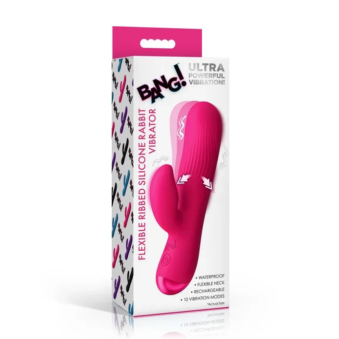 The retail packaging box for the BANG! Ultra Powerful Vibrating Rabbit, featuring a bright pink rabbit-shaped vibrator printed on the front of the white and pink box.