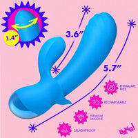 Blue silicone personal massager on a pink background with measurement callouts showing 3.6 inches and 5.