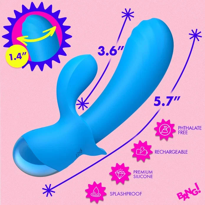Blue silicone personal massager on a pink background with measurement callouts showing 3.6 inches and 5.